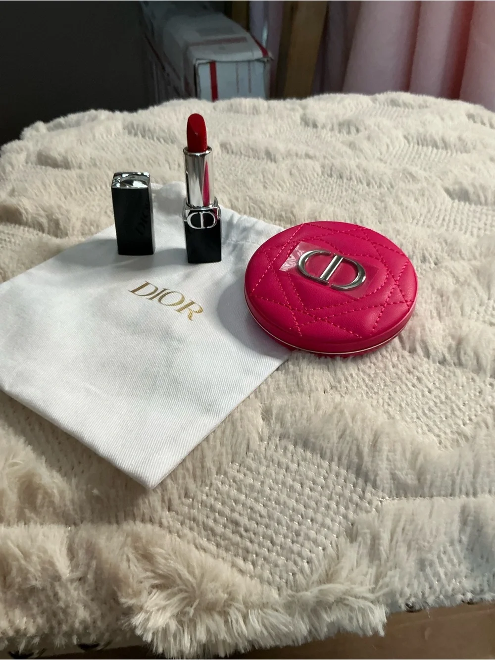 Dior Hot Pink Quilted Compact Mirror with Red Lipstick